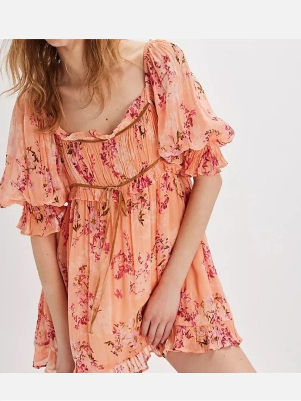 FREE PEOPLE Marney Babydoll Tunic Mini Dress Floral Peach Combo L NWT SRP $148